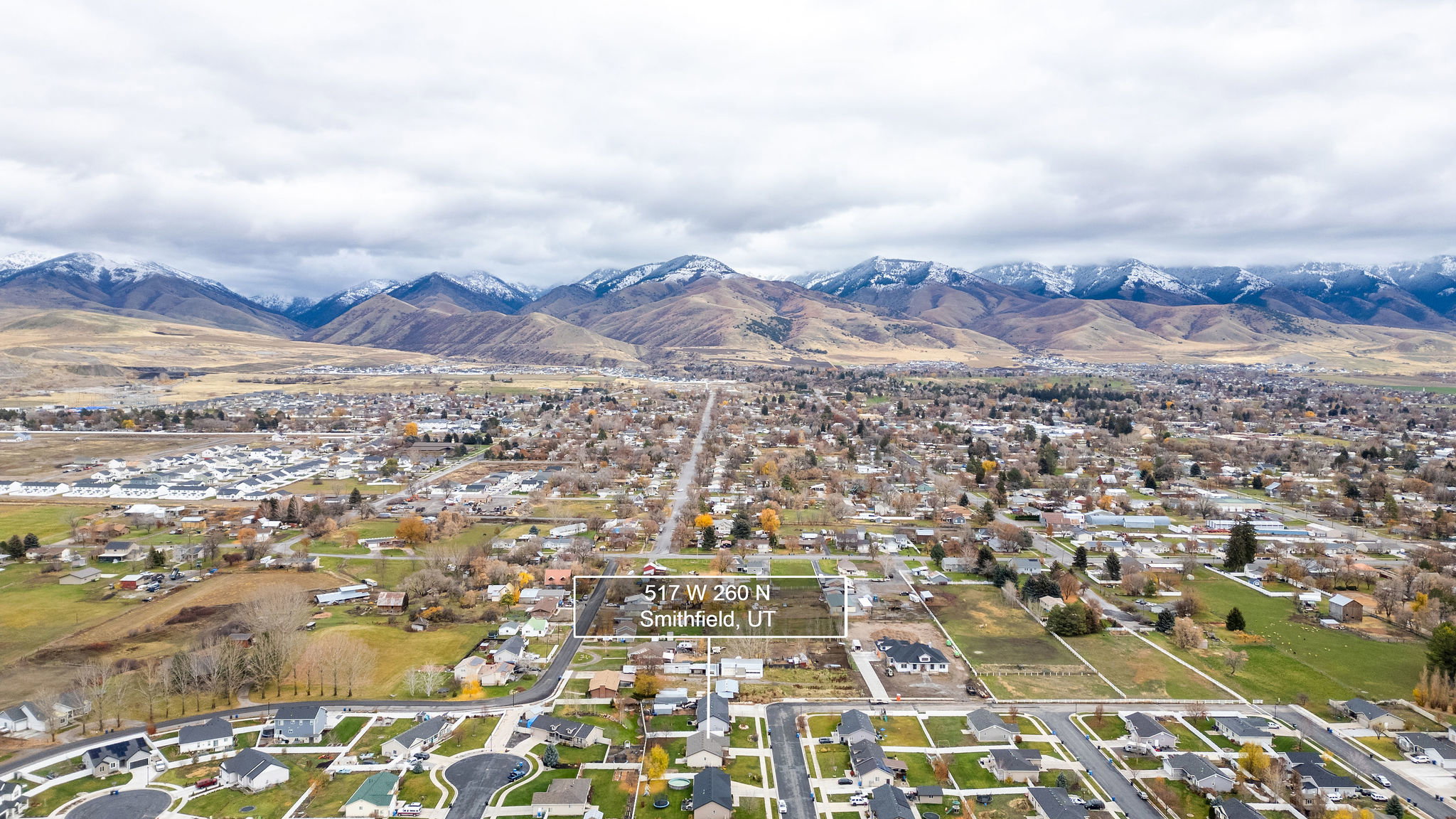 Aerial perspective showcasing a residential area with varied housing styles