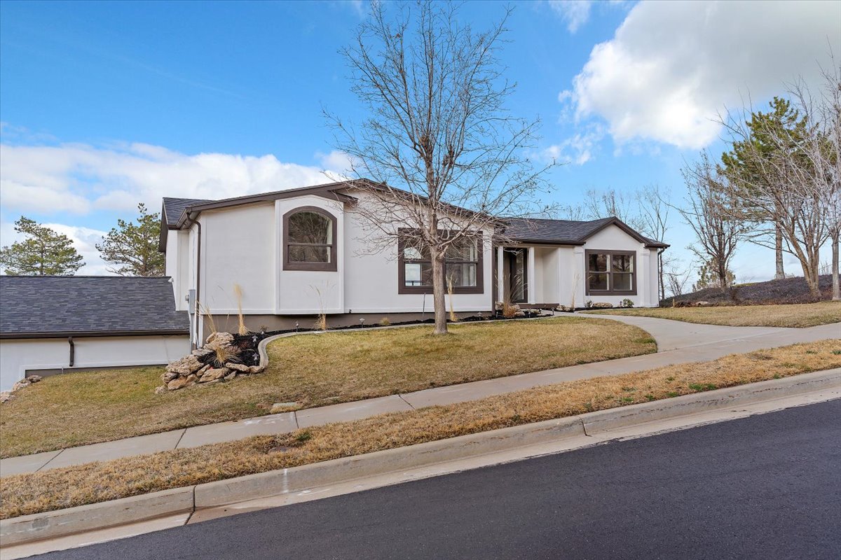 Stucco exterior residence featuring a curved driveway, dark trim details, a bay window, and an attached garage