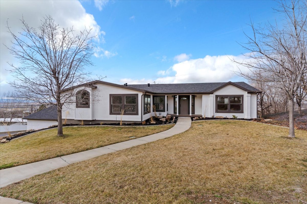 Contemporary ranch-style residence featuring a prominent front walkway, dark-trimmed windows, a recessed entry, and a sloped front yard