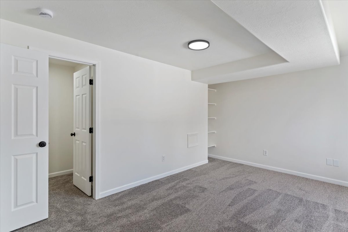 Neutral color palette with textured gray carpeting