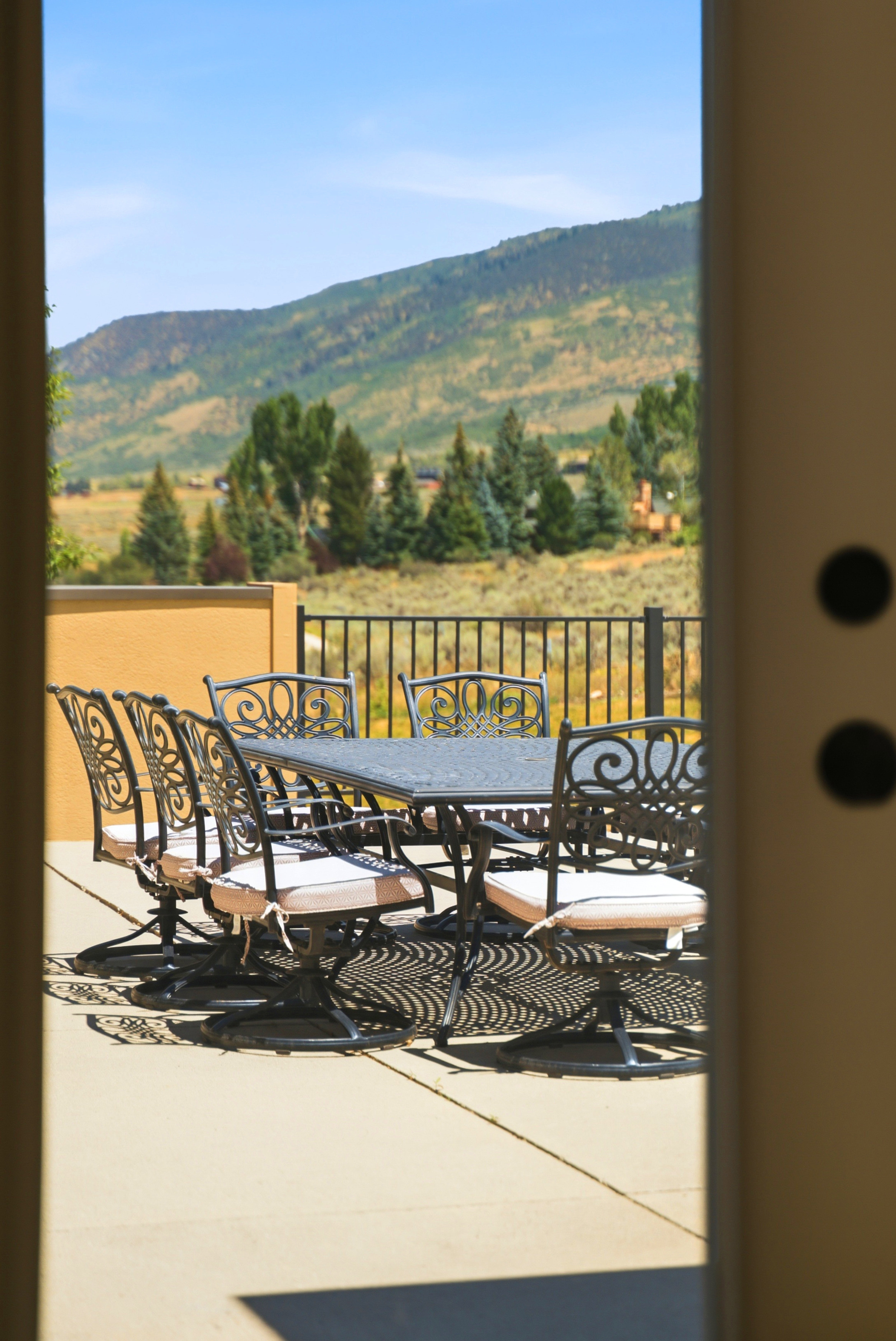 Expansive outdoor patio with a concrete surface and black wrought iron railing
