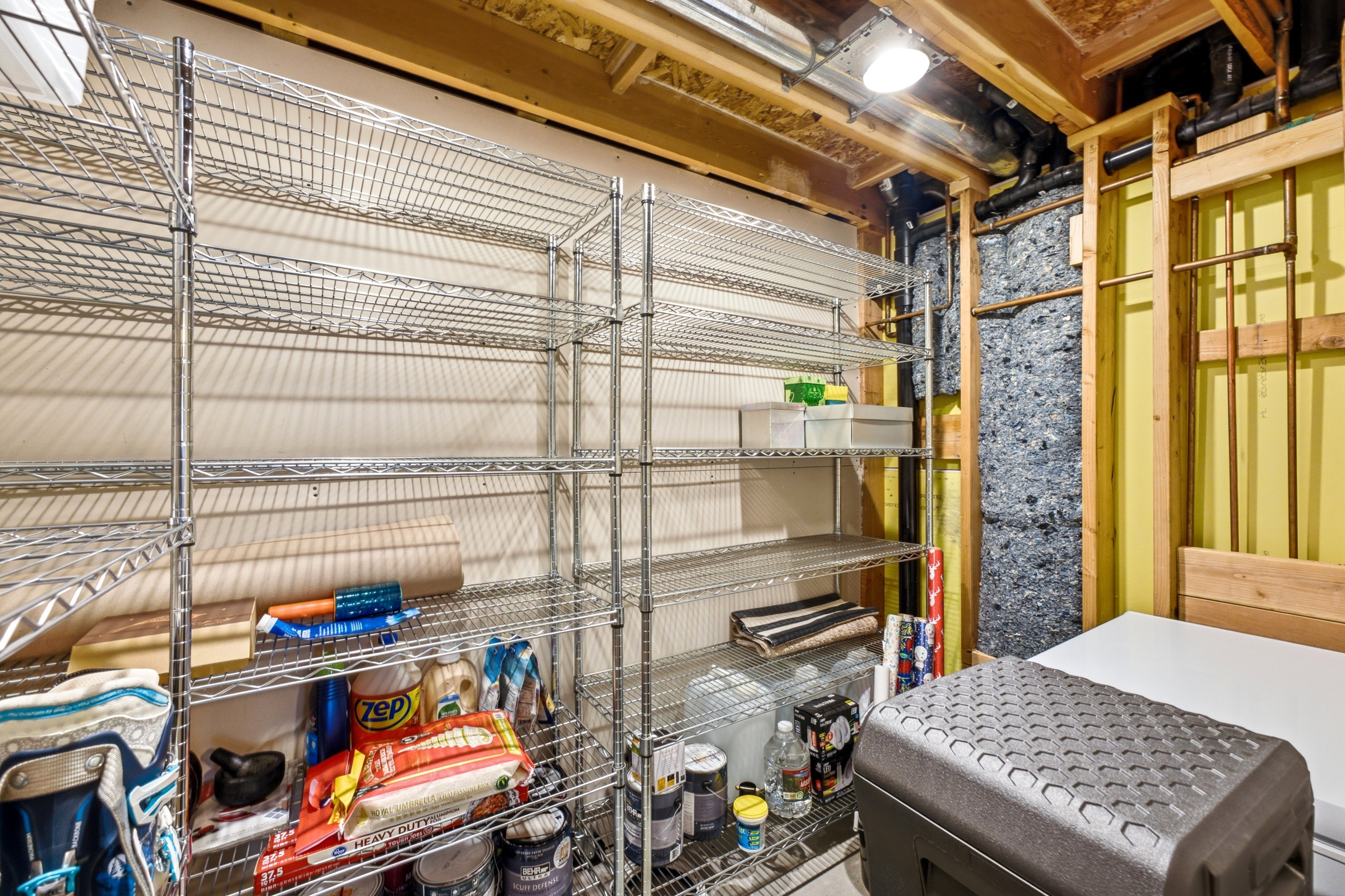 Multi-tiered wire shelving provides extensive storage capacity