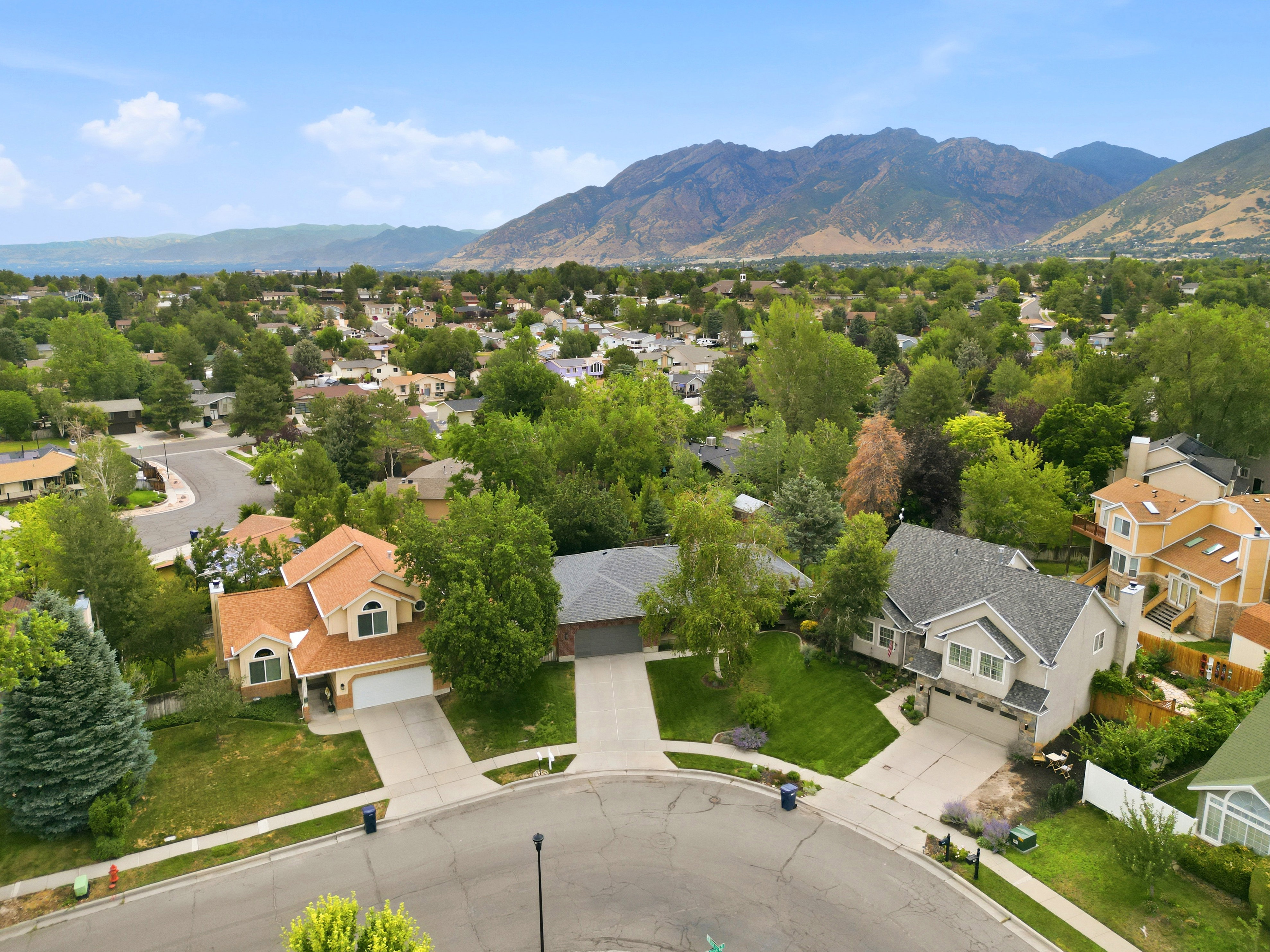 Residential community featuring mature trees and mountain scenery