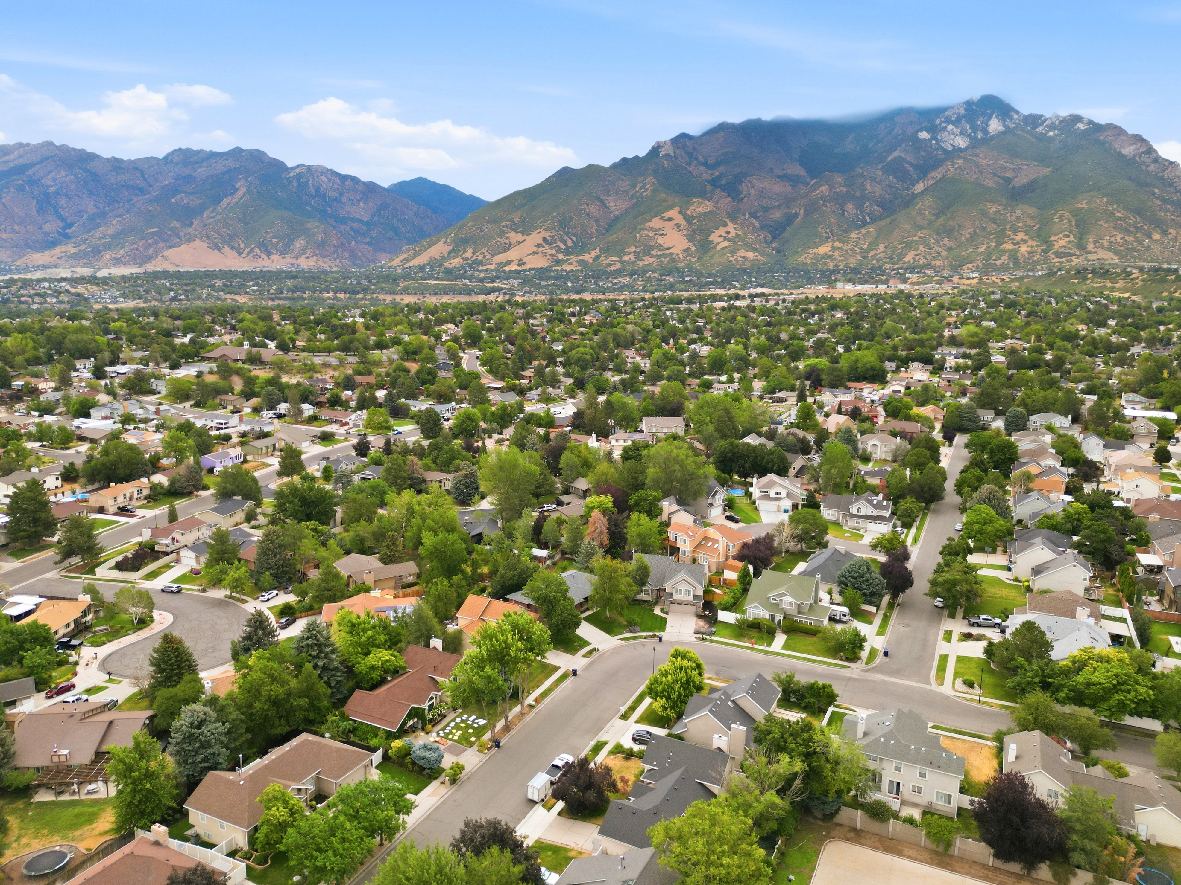 Expansive residential area with varied home styles, mature trees, and a mountain backdrop