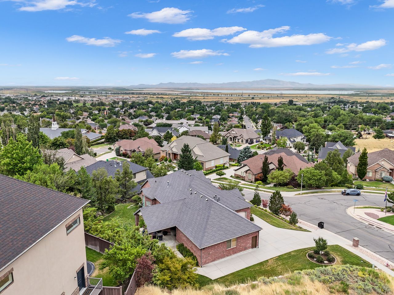 Aerial perspective showcasing a residential neighborhood with varied home styles and mature landscaping