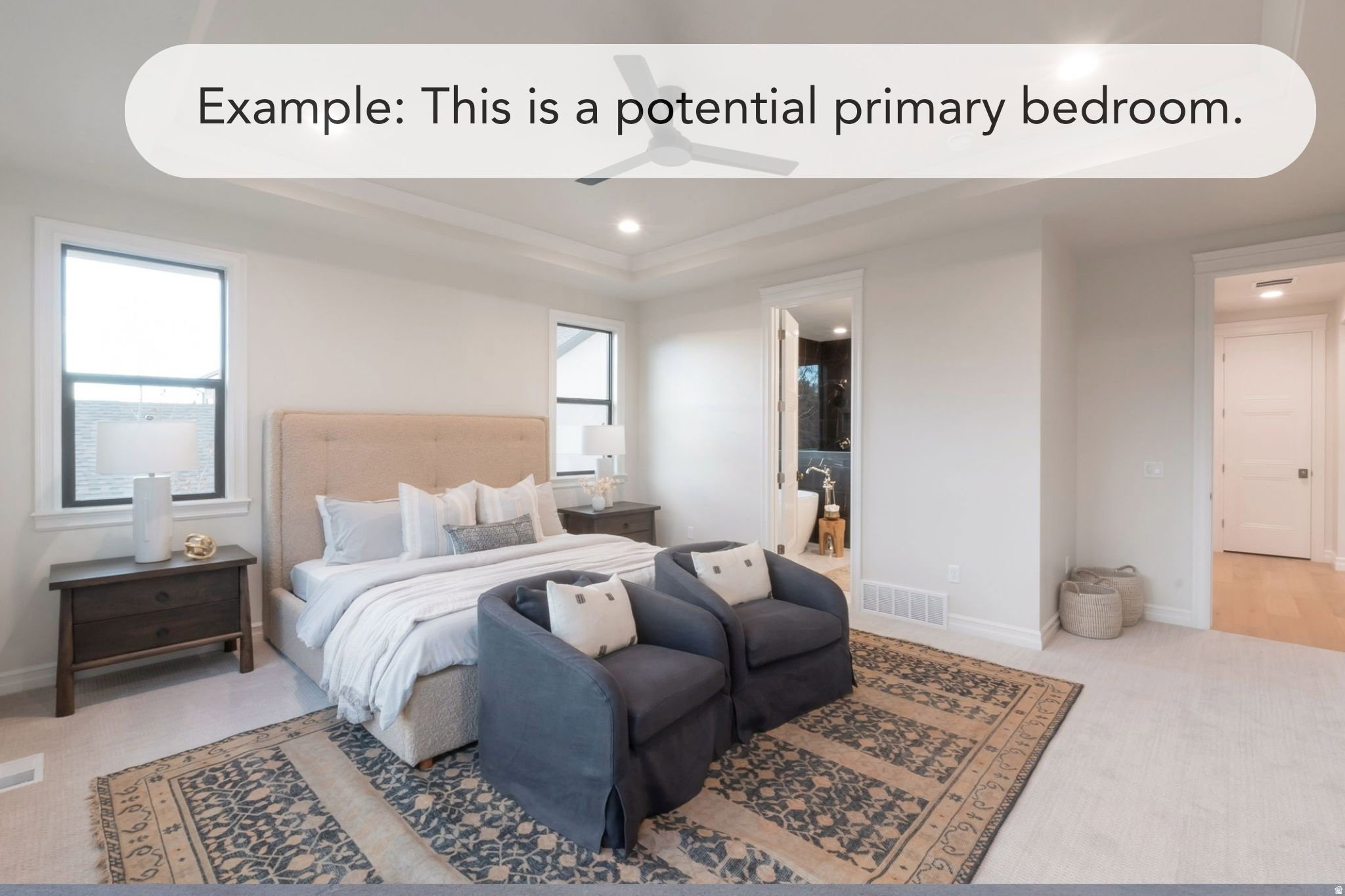 Spacious sleeping area featuring a tray ceiling with a ceiling fan, dual windows with black trim, and carpeted flooring