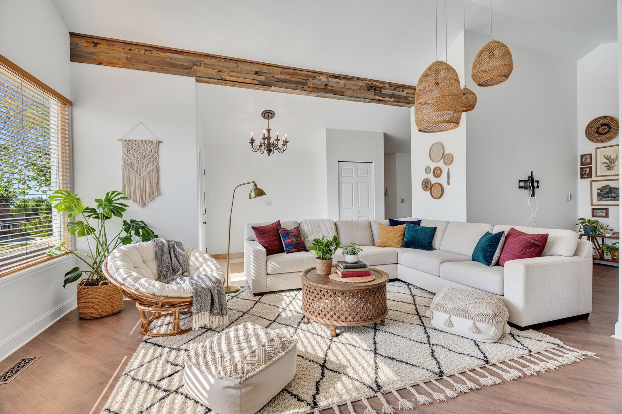 Virtually staged spacious living area featuring vaulted ceilings with exposed wood-finish beams, wood-finish flooring, and large windows with horizontal blinds