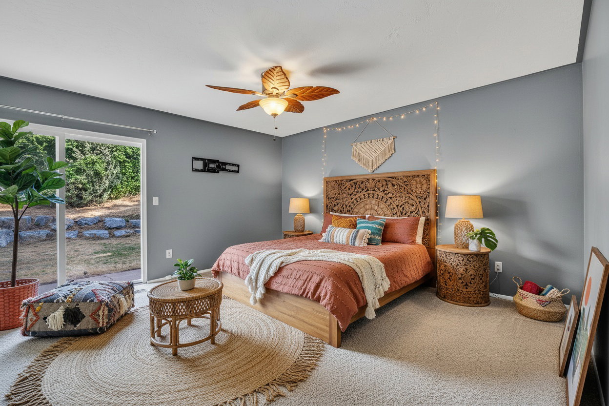 Virtually staged carpeted Primary bedroom featuring a ceiling fan with light fixture and a sliding glass door to the exterior