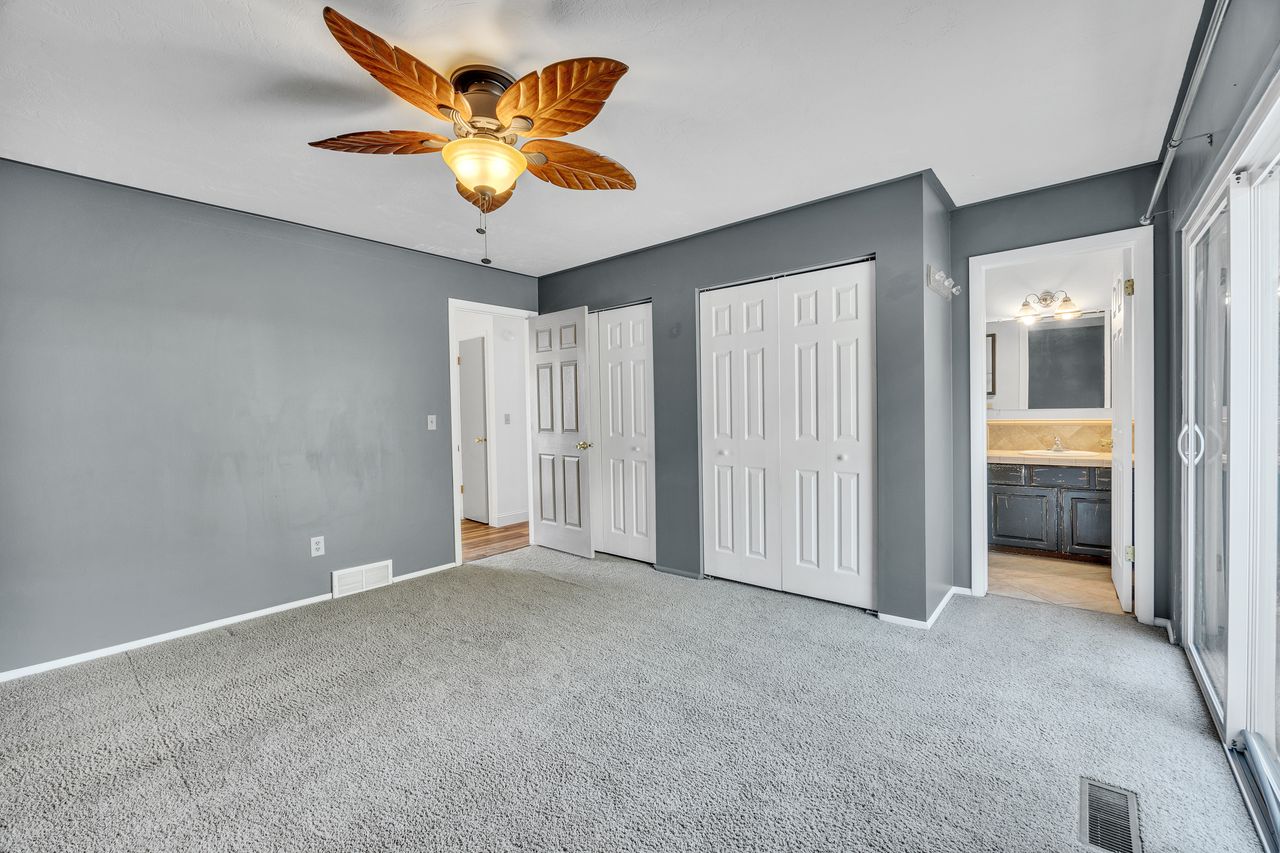Carpeted room featuring a ceiling fan with leaf-shaped blades, gray walls, and white bi-fold closet doors