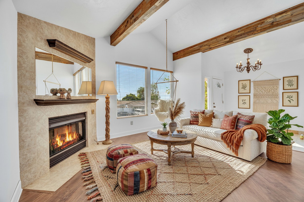 Virtually staged living area featuring a textured fireplace surround, wood-finish flooring, vaulted ceilings with exposed wood beams, and a classic chandelier