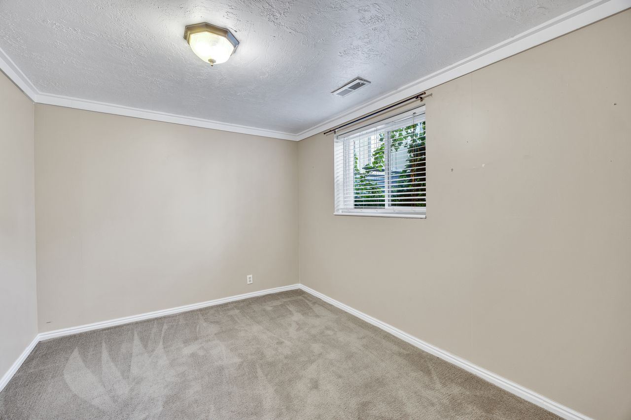 Neutral tone walls with crown molding, textured ceiling, and gray carpeting