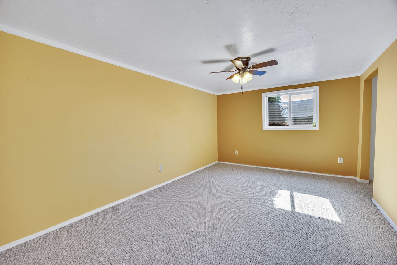 Carpeted room featuring a ceiling fan with integrated lighting, a single window with blinds, and white baseboards