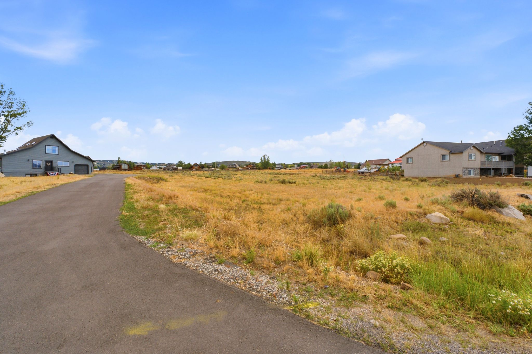 Expansive open lot with natural vegetation, featuring a paved access road