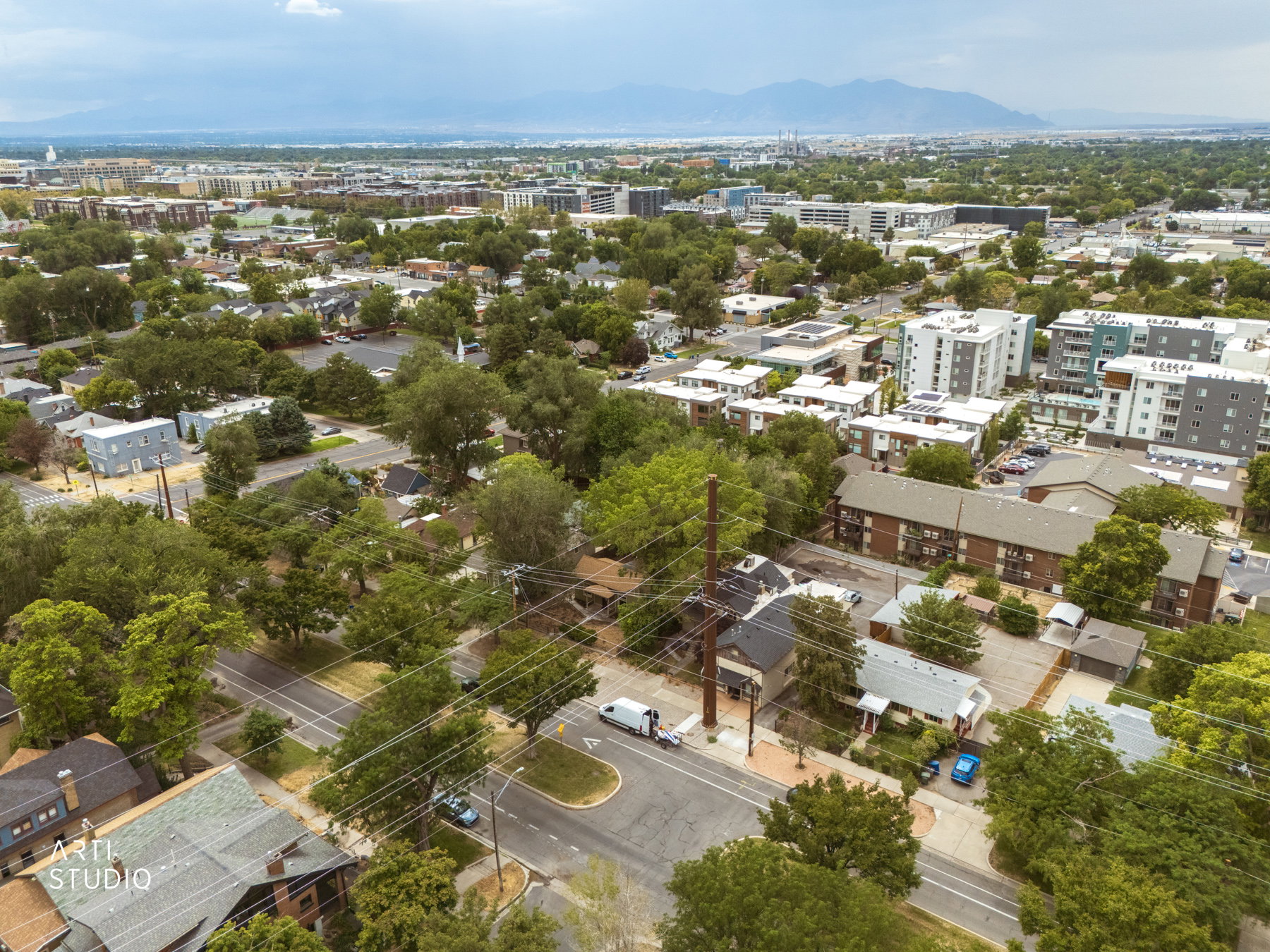 Aerial perspective showcasing a mature tree-lined neighborhood with varying residential architecture, paved streets, and distant mountain ranges