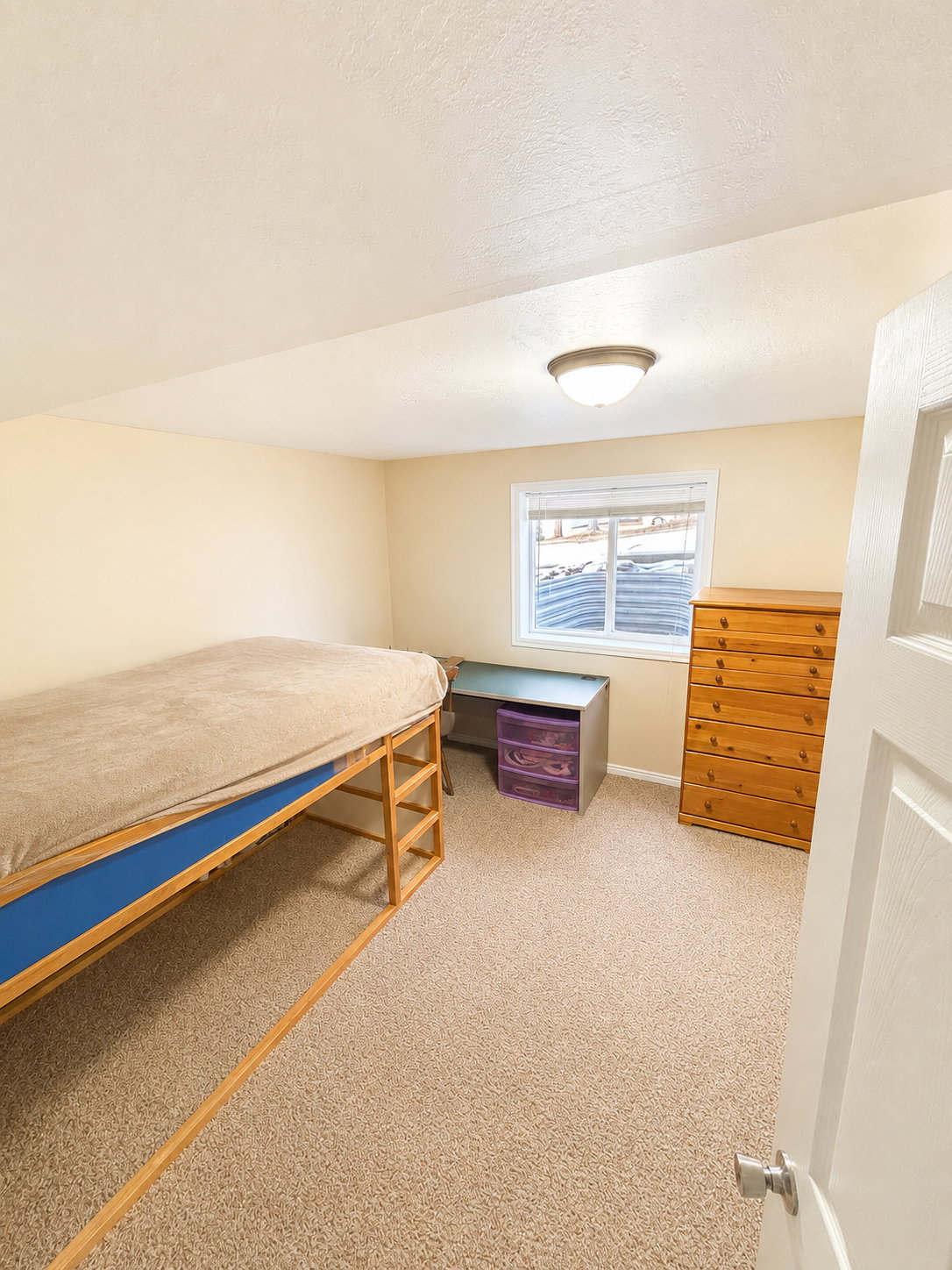 Carpeted room featuring a white-framed window with blinds, a white door, and a flush mount ceiling light