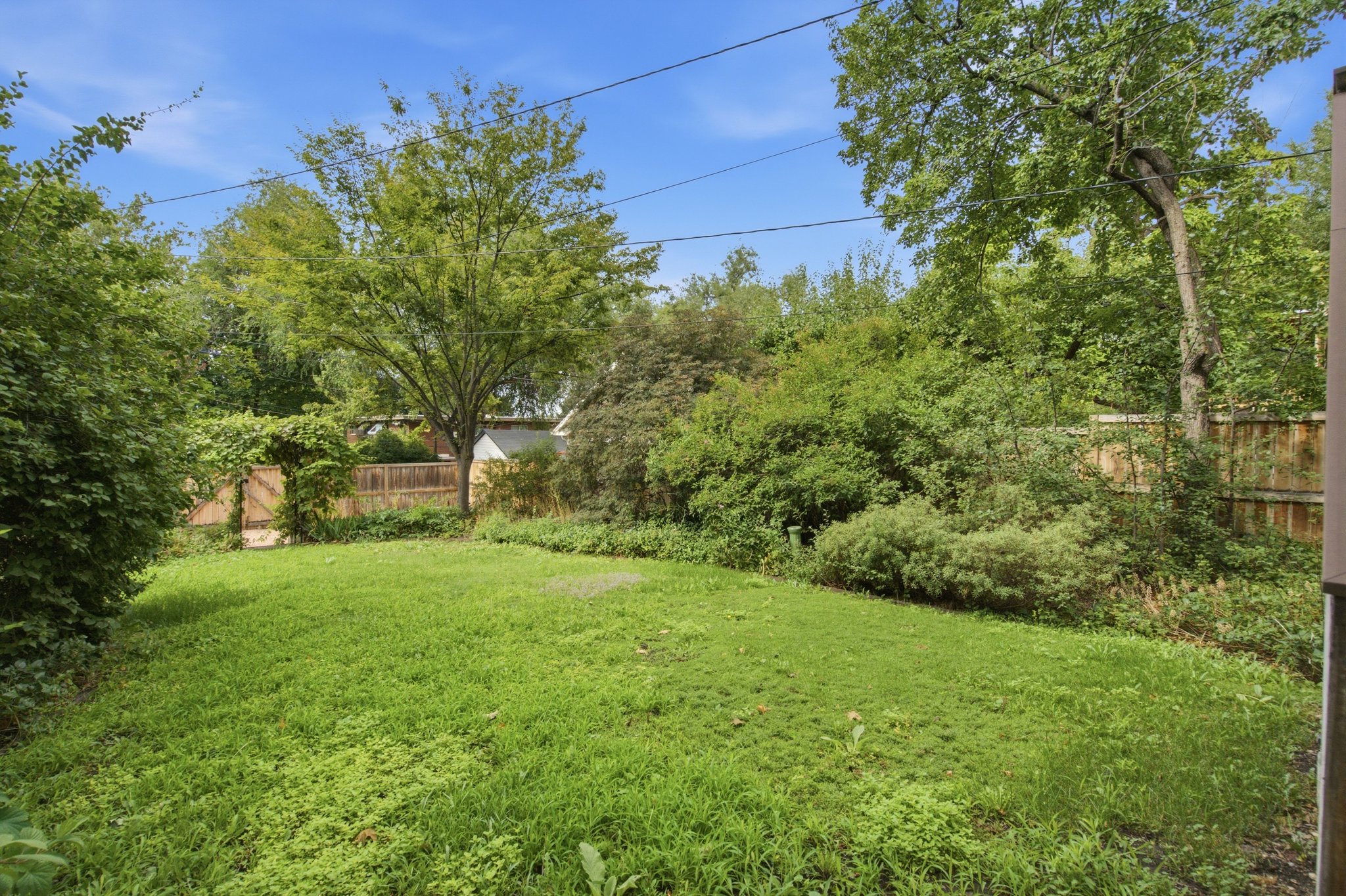 Expansive grassy yard area with mature trees and perimeter wood fencing