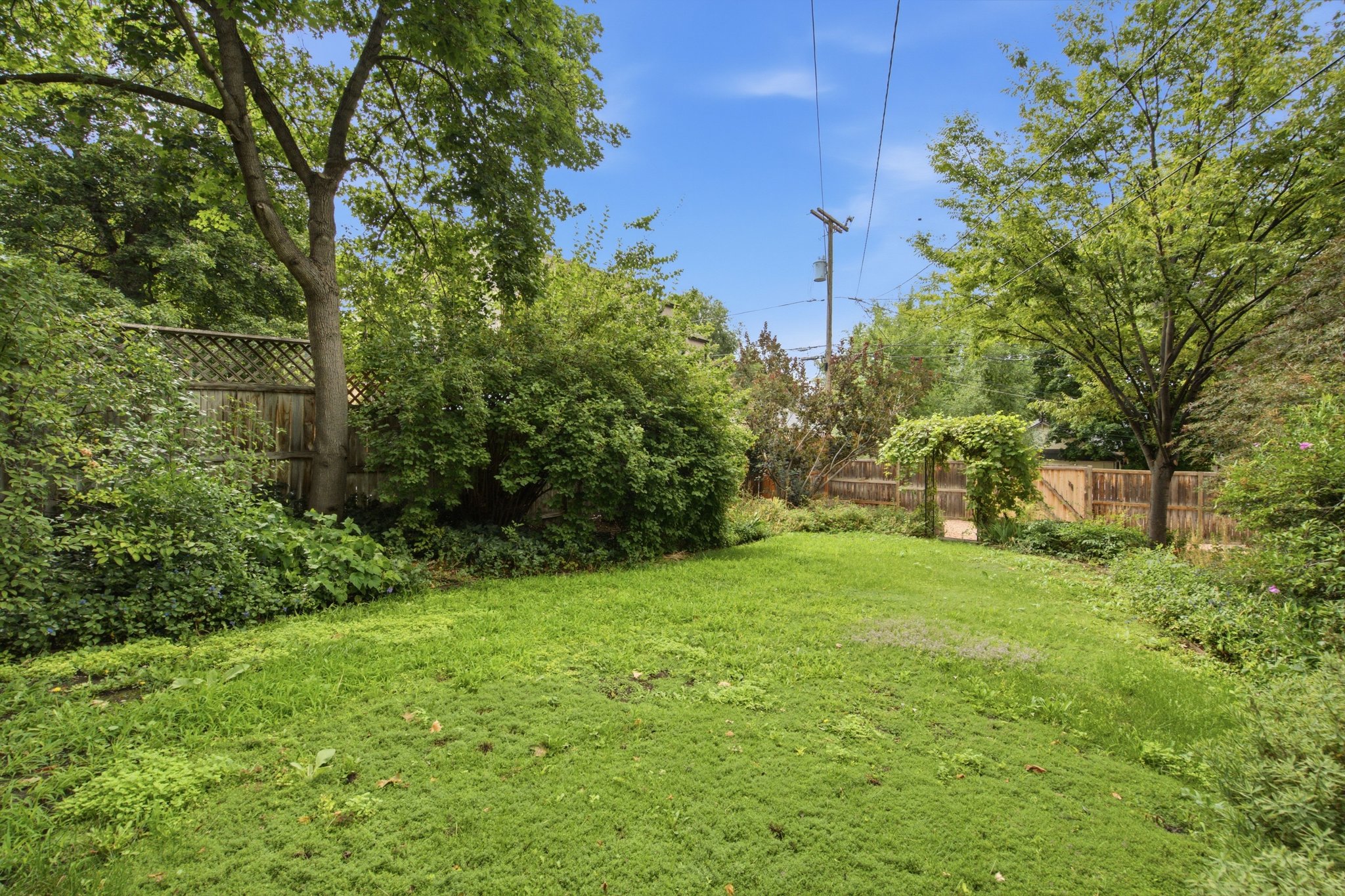 Expansive green lawn surrounded by mature trees and lush plantings