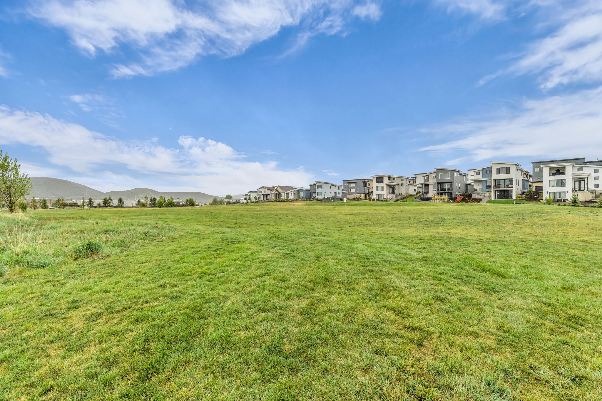 Expansive green space with mountain backdrop