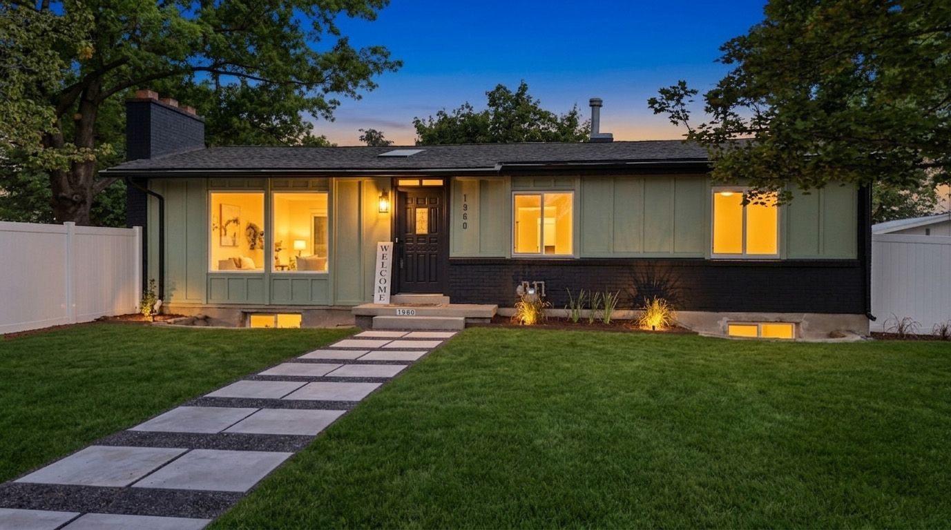 Mid-century modern exterior featuring a black brick facade, light green siding, and a prominent front bay window