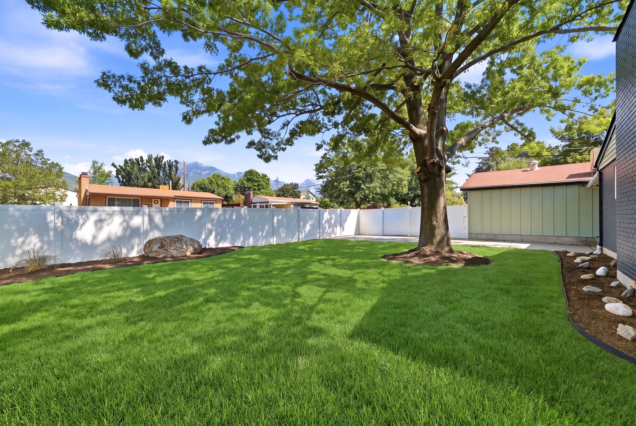 Expansive backyard featuring a manicured lawn, established shade tree, and a white privacy fence
