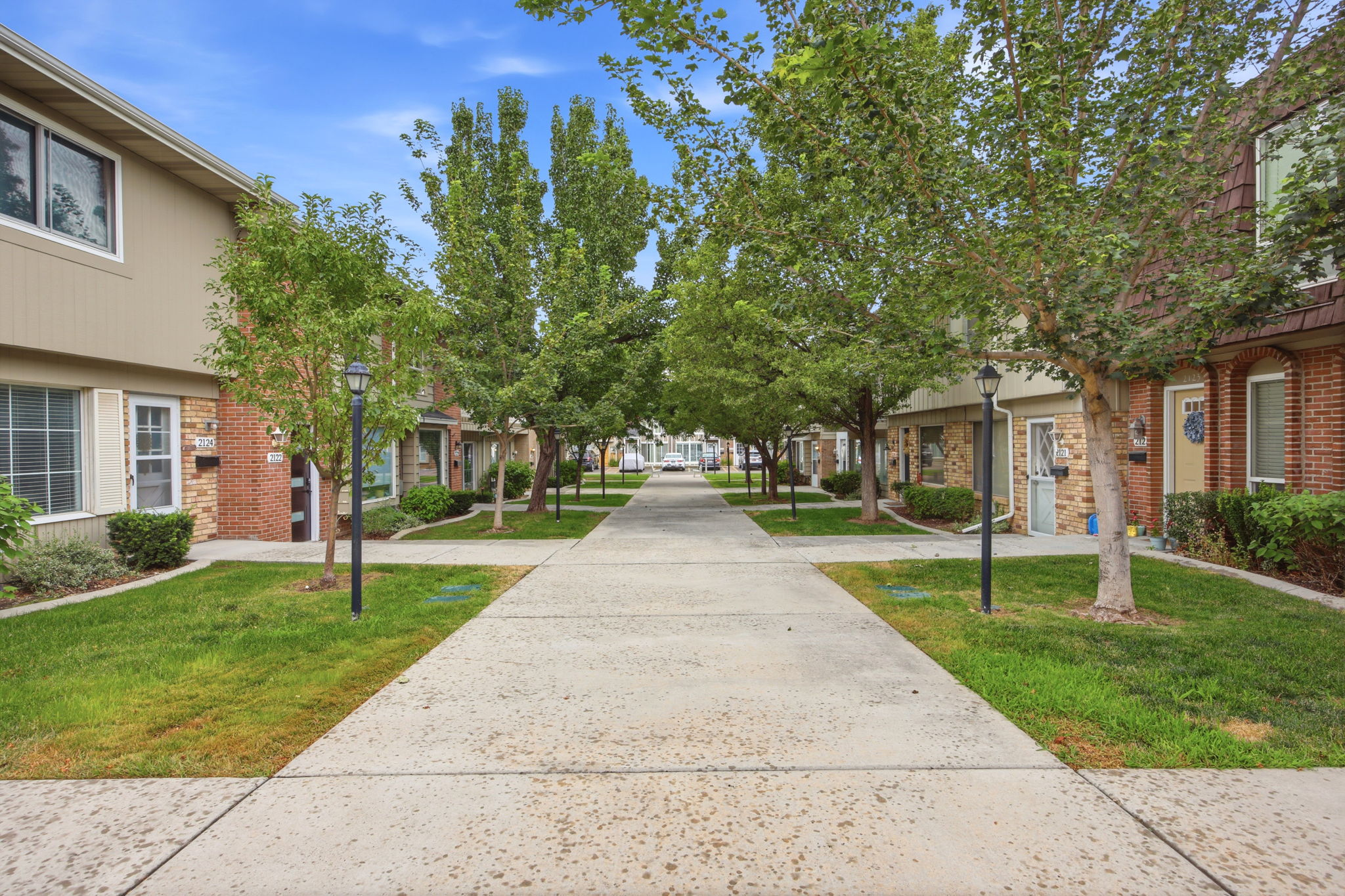 Landscaped pedestrian walkway bordered by mature trees and grass lawns