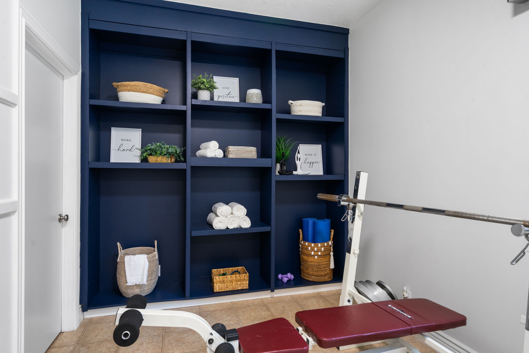 Built-in shelves for wellness studio.