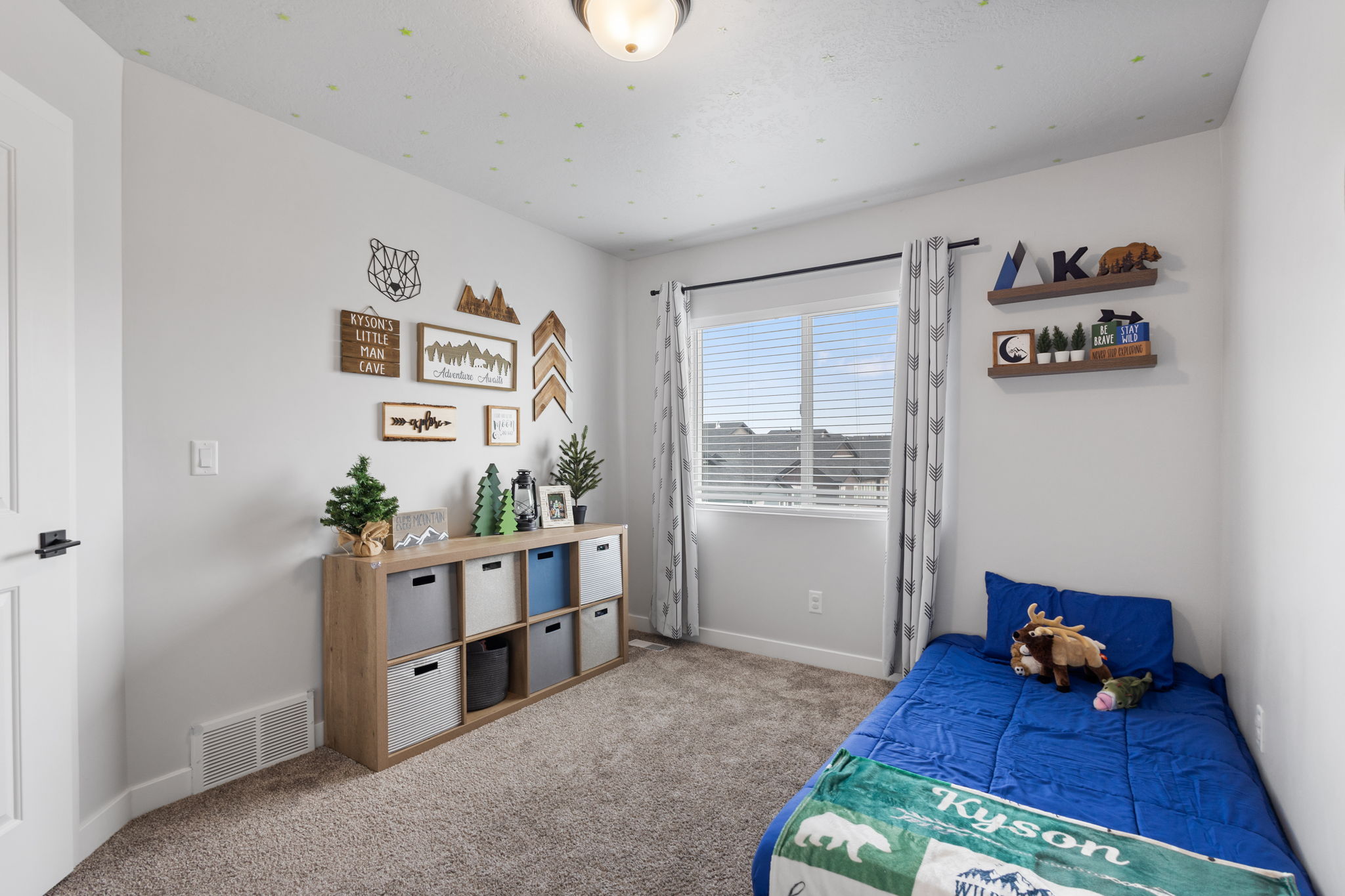 Carpeted room featuring a white door with matte black hardware, a multi-pane window with blinds, and two wall-mounted floating shelves