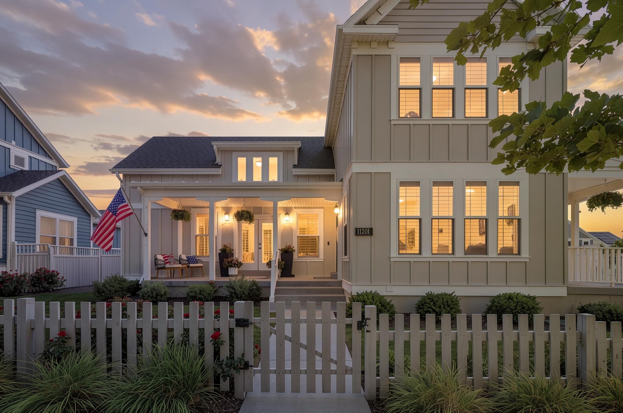 Light-toned siding exterior with white trim and a covered front porch