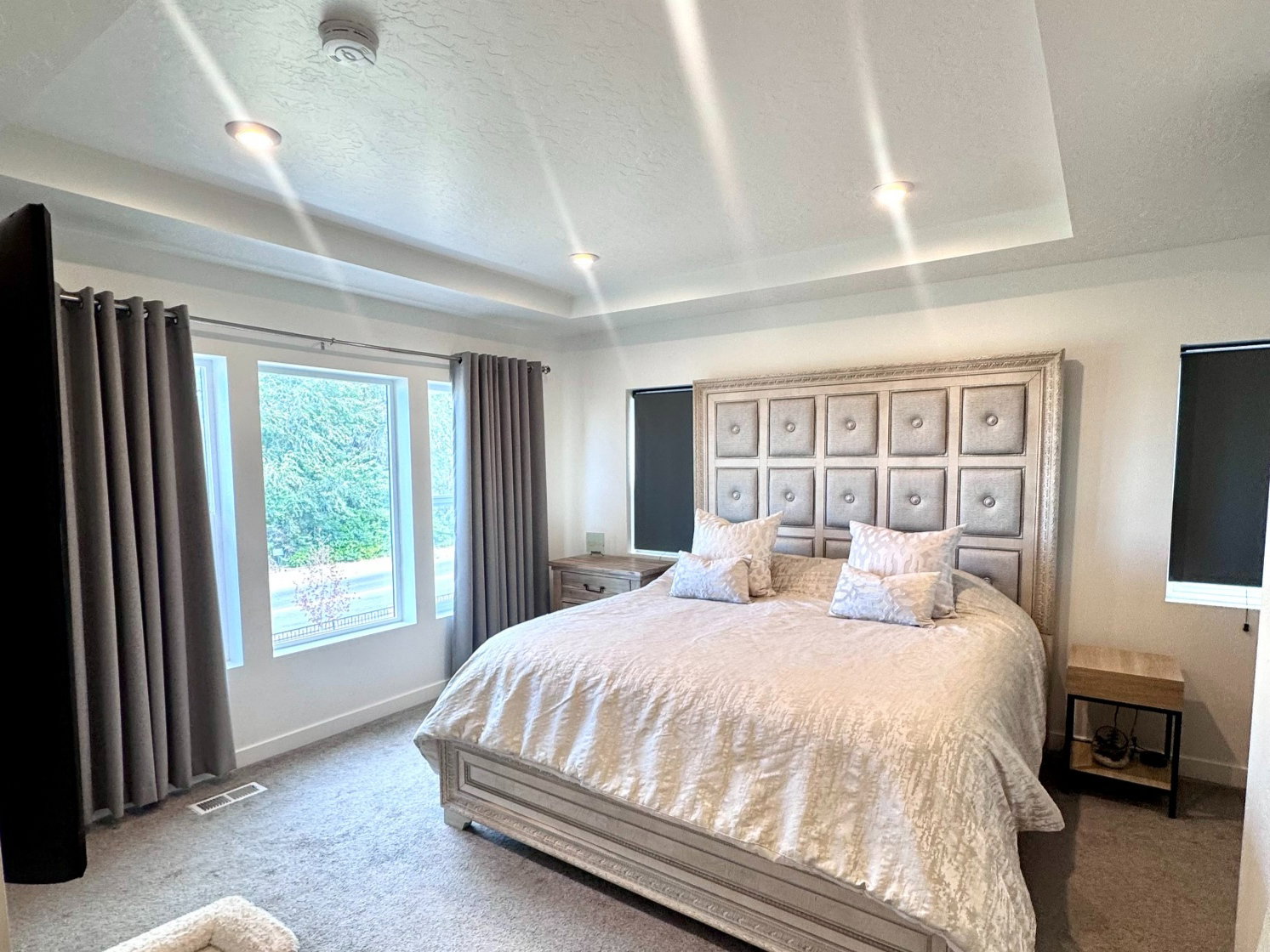Recessed lighting illuminates a tray ceiling and plush gray carpeting