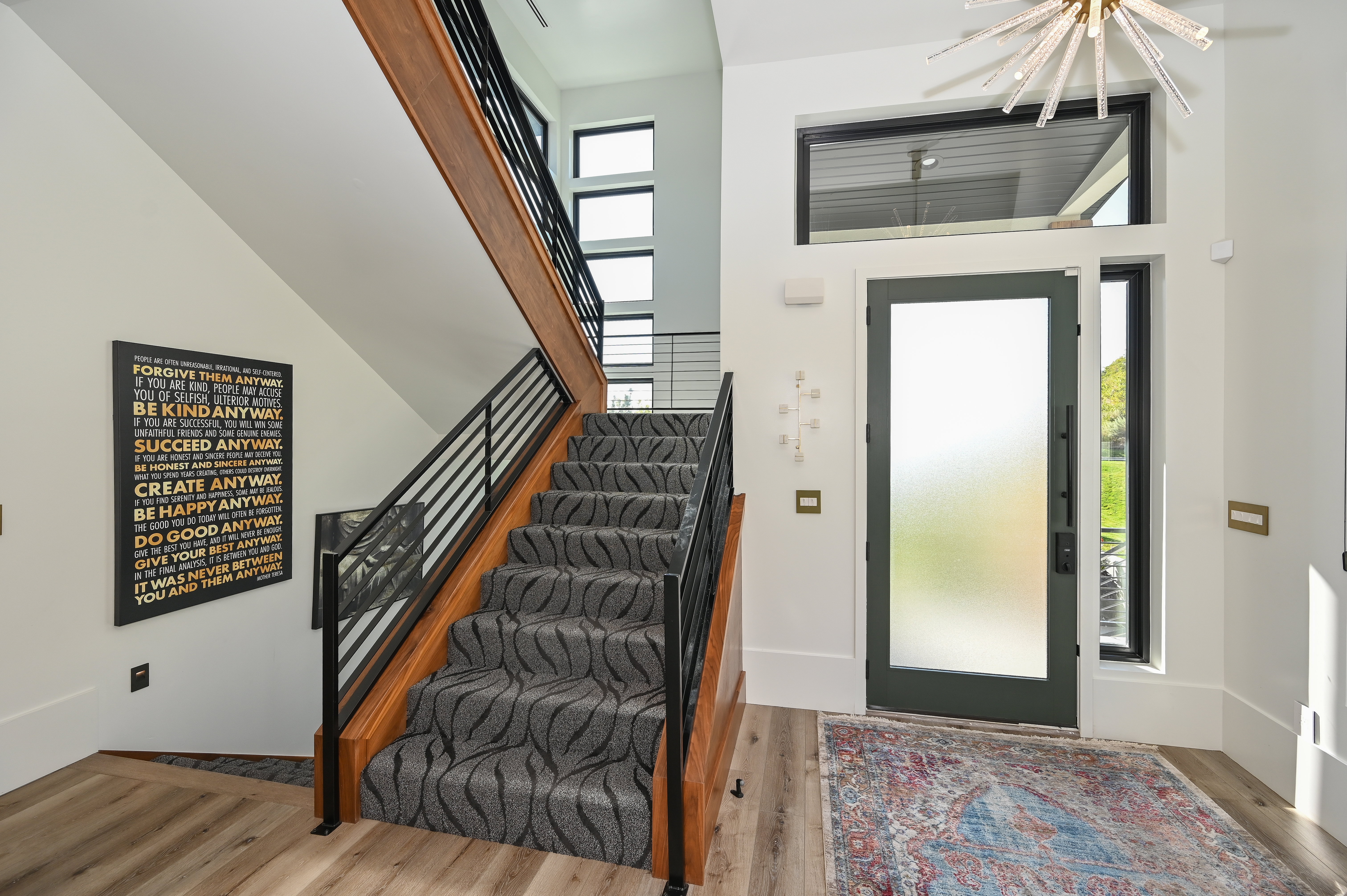 Modern entryway featuring a dark-framed frosted glass entry door, wood-finish flooring, and a contemporary light fixture