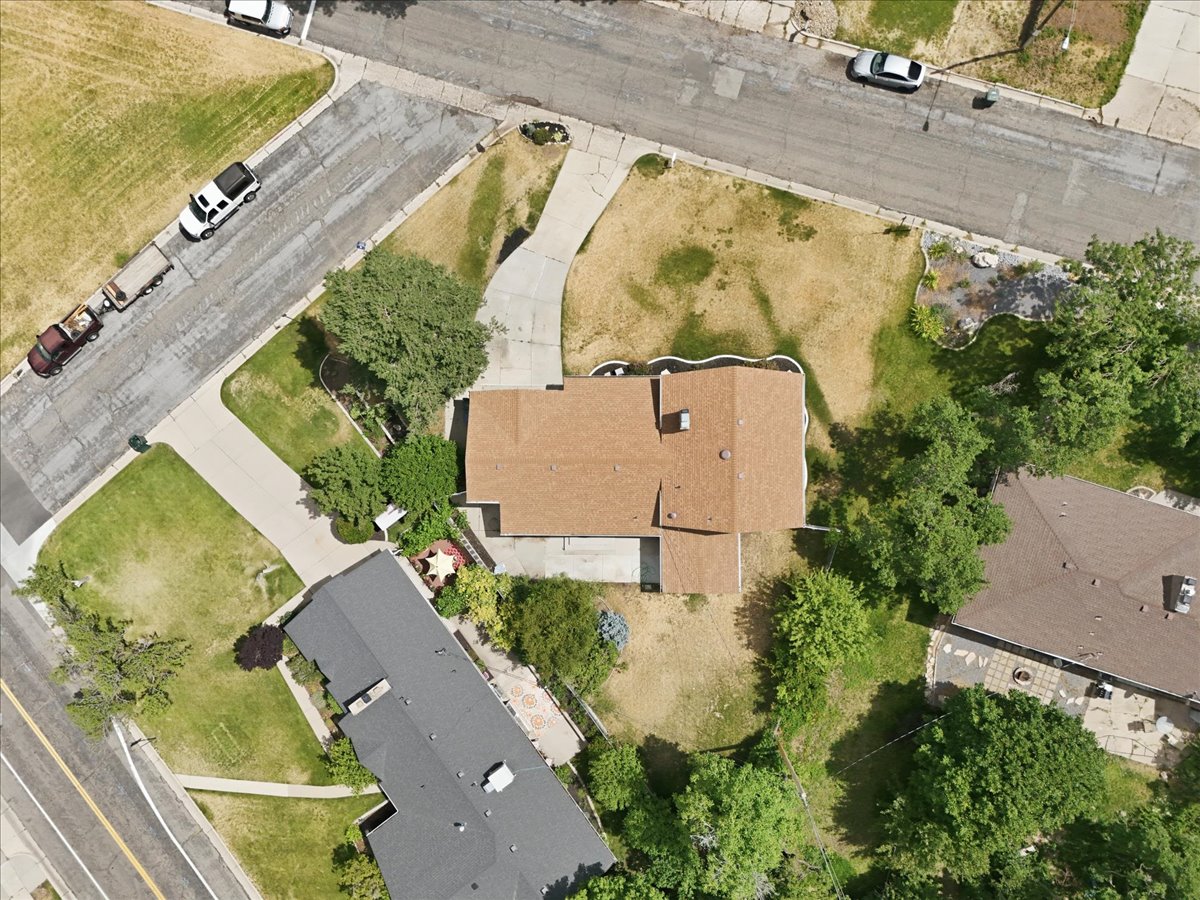 Property with a brown shingle roof and a concrete driveway