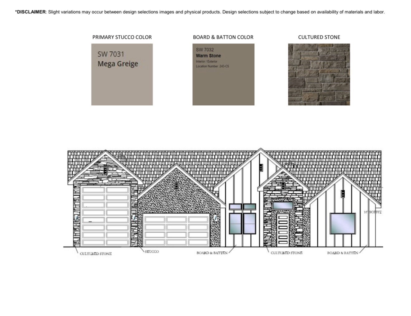 Architectural Design Plan. Illustrating exterior material and color selections for the property