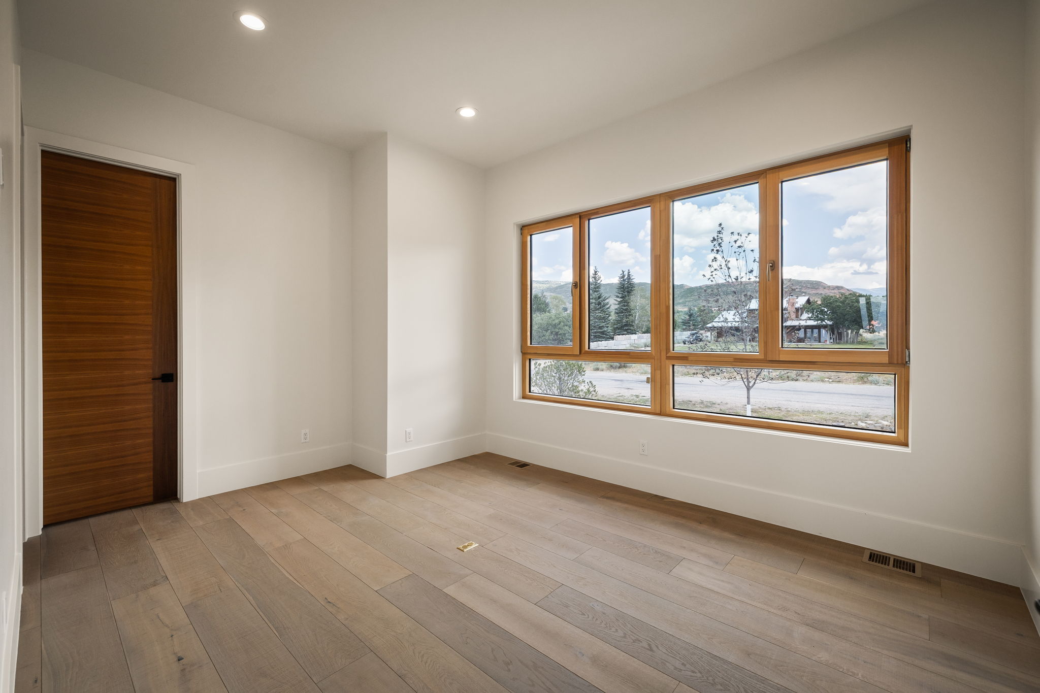 Bright interior space featuring wood-finish flooring, a contemporary wood door with a matte black handle, and recessed ceiling lighting
