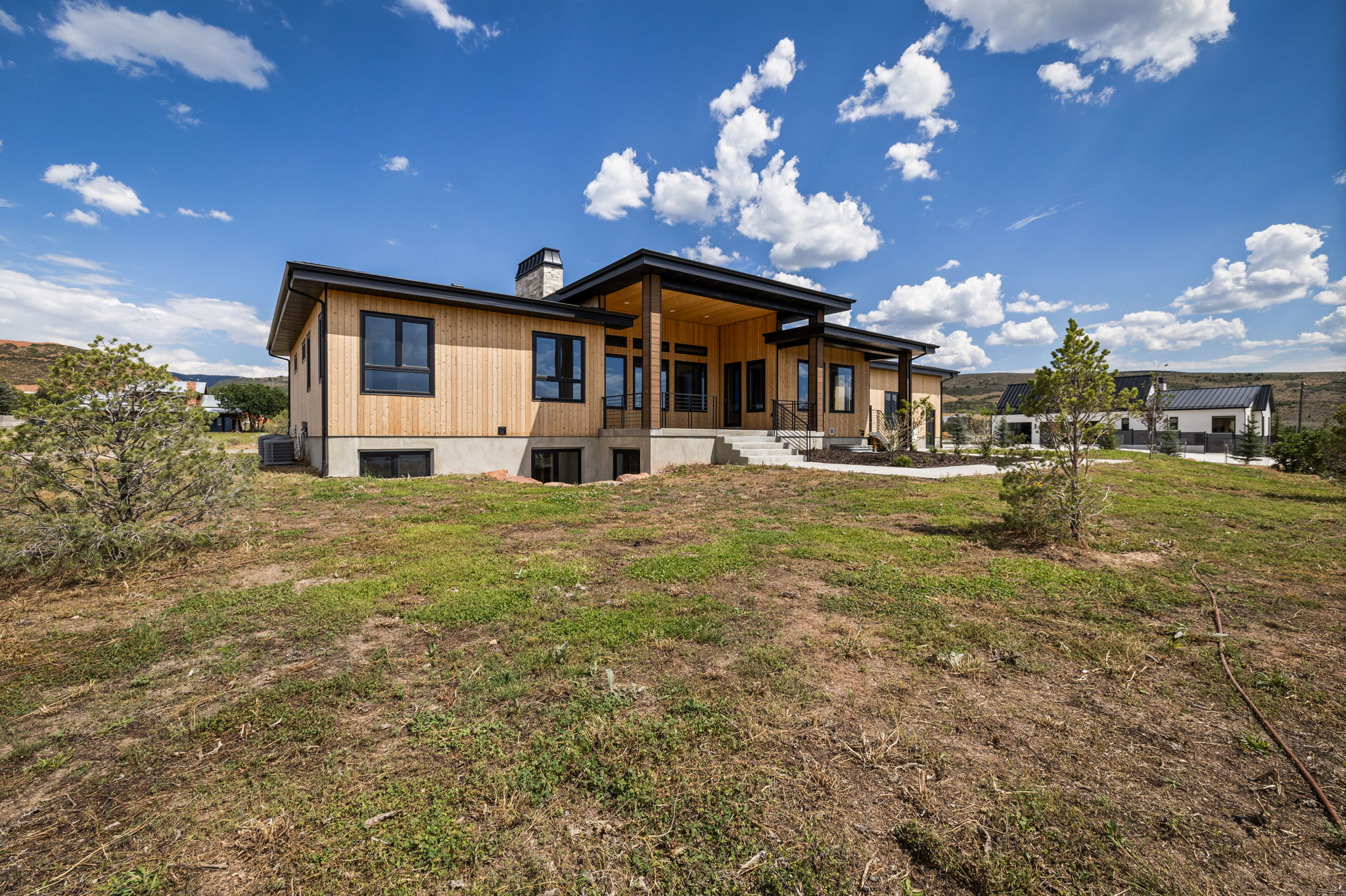Contemporary exterior with natural wood-tone siding and dark-trimmed windows