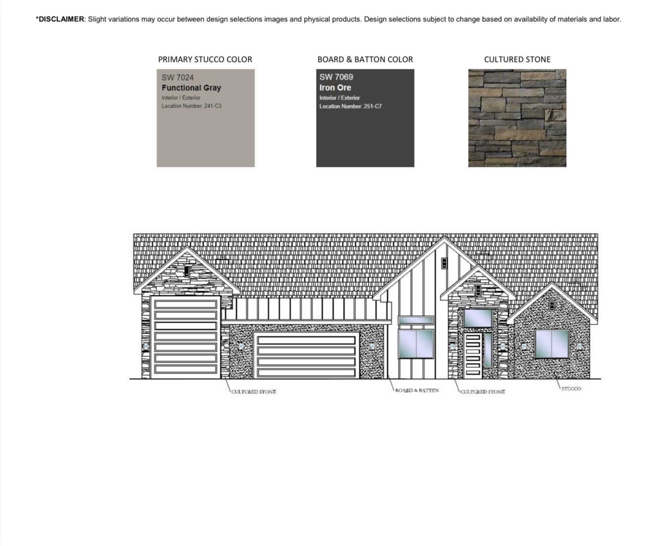 Exterior Design Selection. Illustrating the material and color specifications for the property's facade