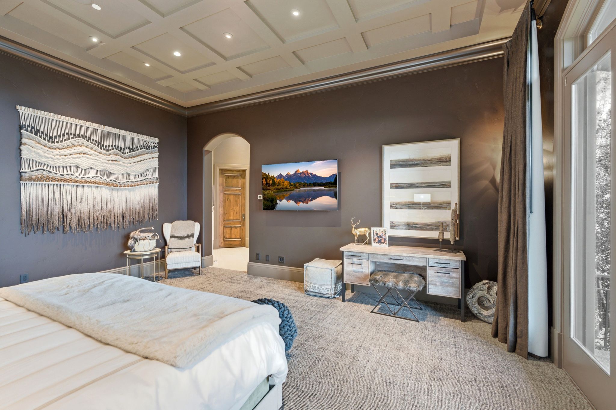 Coffered ceiling with recessed lighting