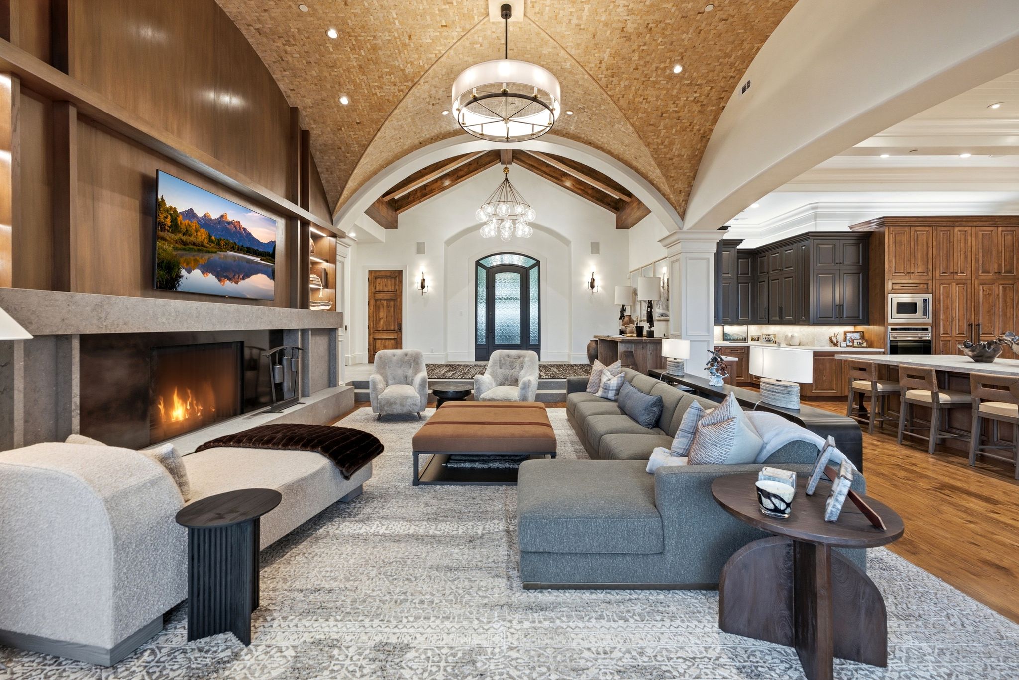 Vaulted wood-paneled ceiling with exposed beams