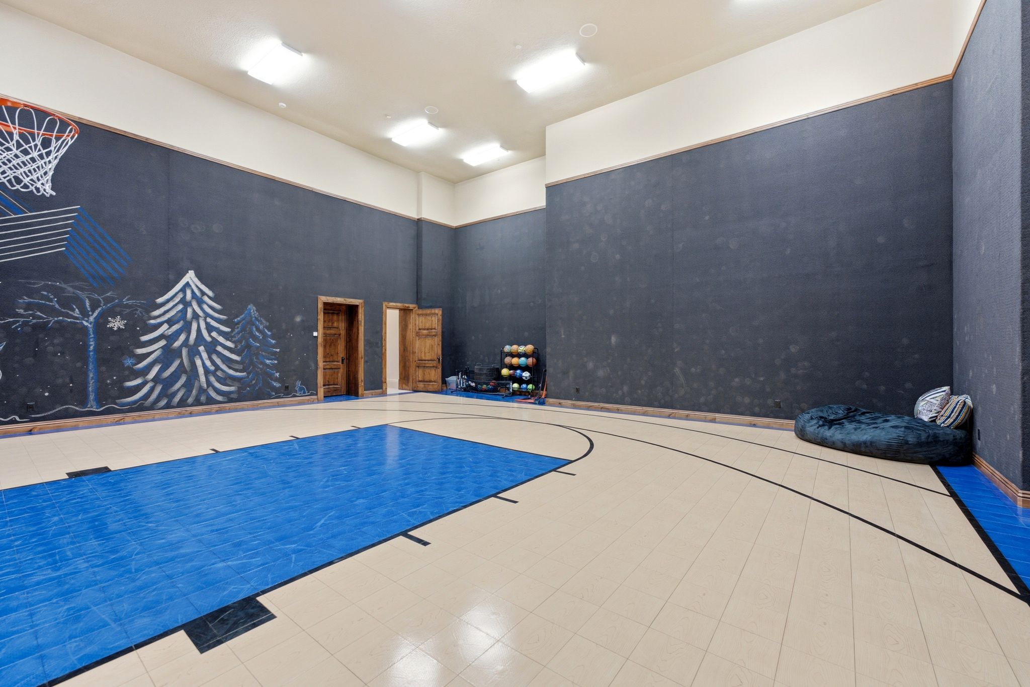 Indoor basketball court featuring a hoop, blue court markings, and light-toned flooring