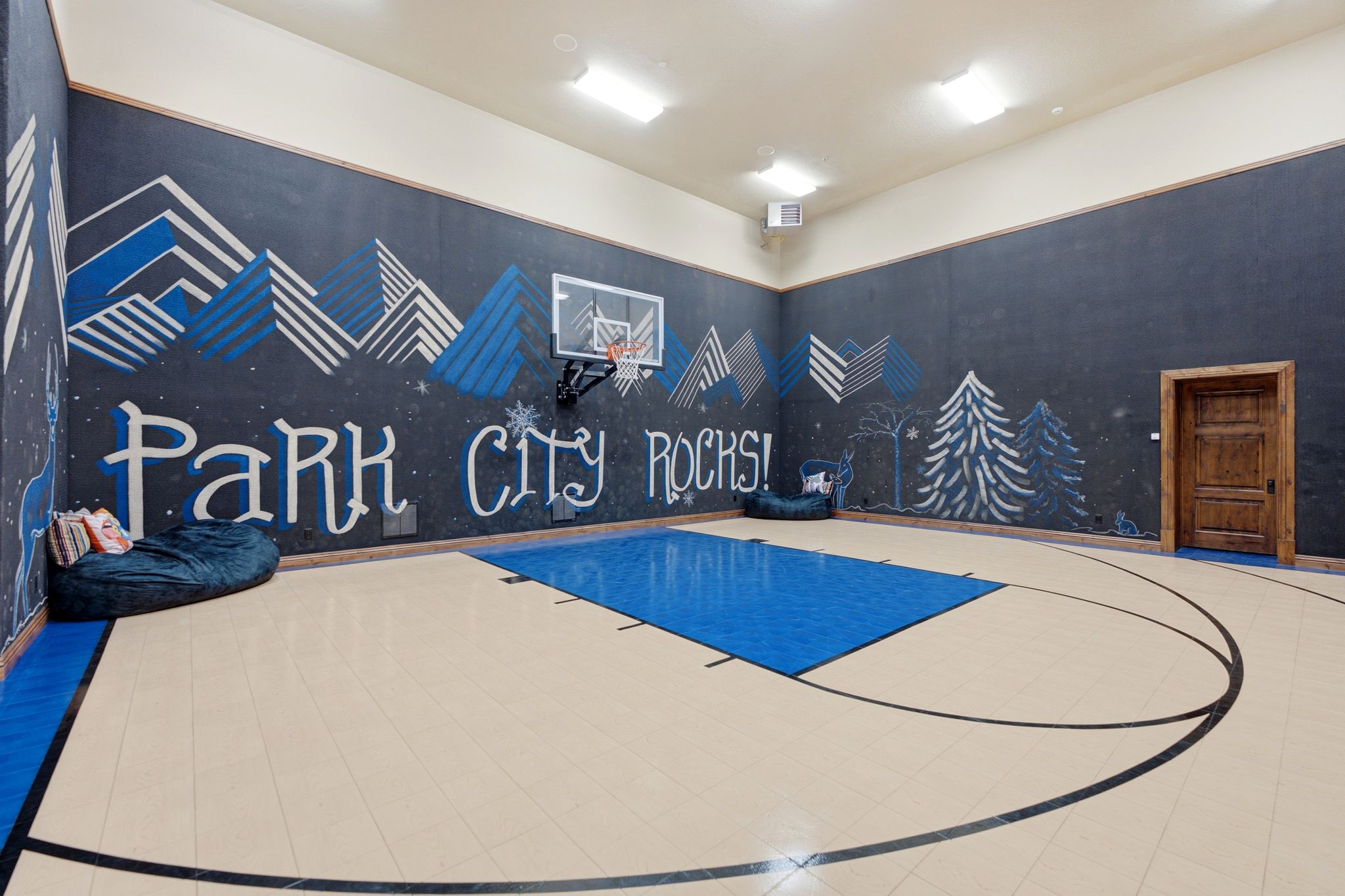 Indoor basketball court featuring a mounted hoop, blue court markings, and light-toned flooring