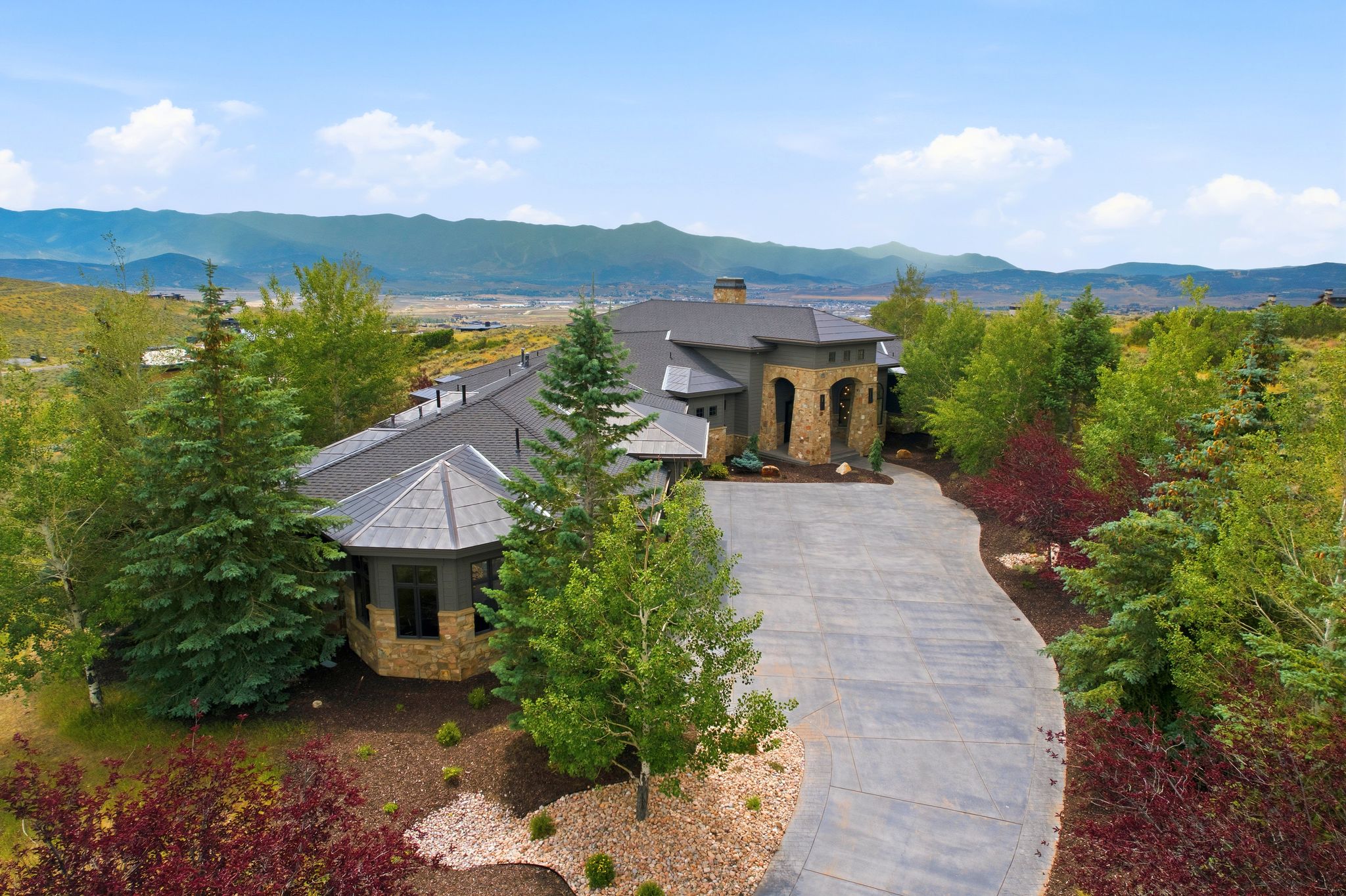 Contemporary residence featuring a stone and stucco exterior, a dark shingle roof, a curving concrete driveway, and mature landscaping with varied tree and shrub species