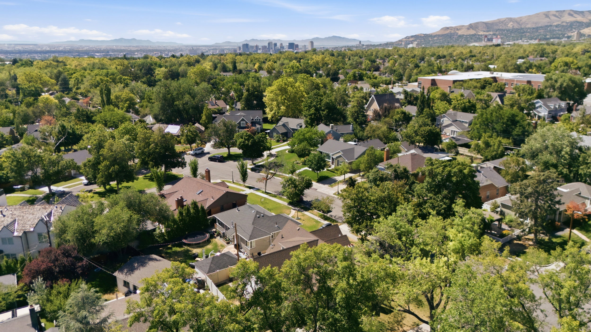 Residential neighborhood featuring mature trees, paved streets, and a variety of architectural styles