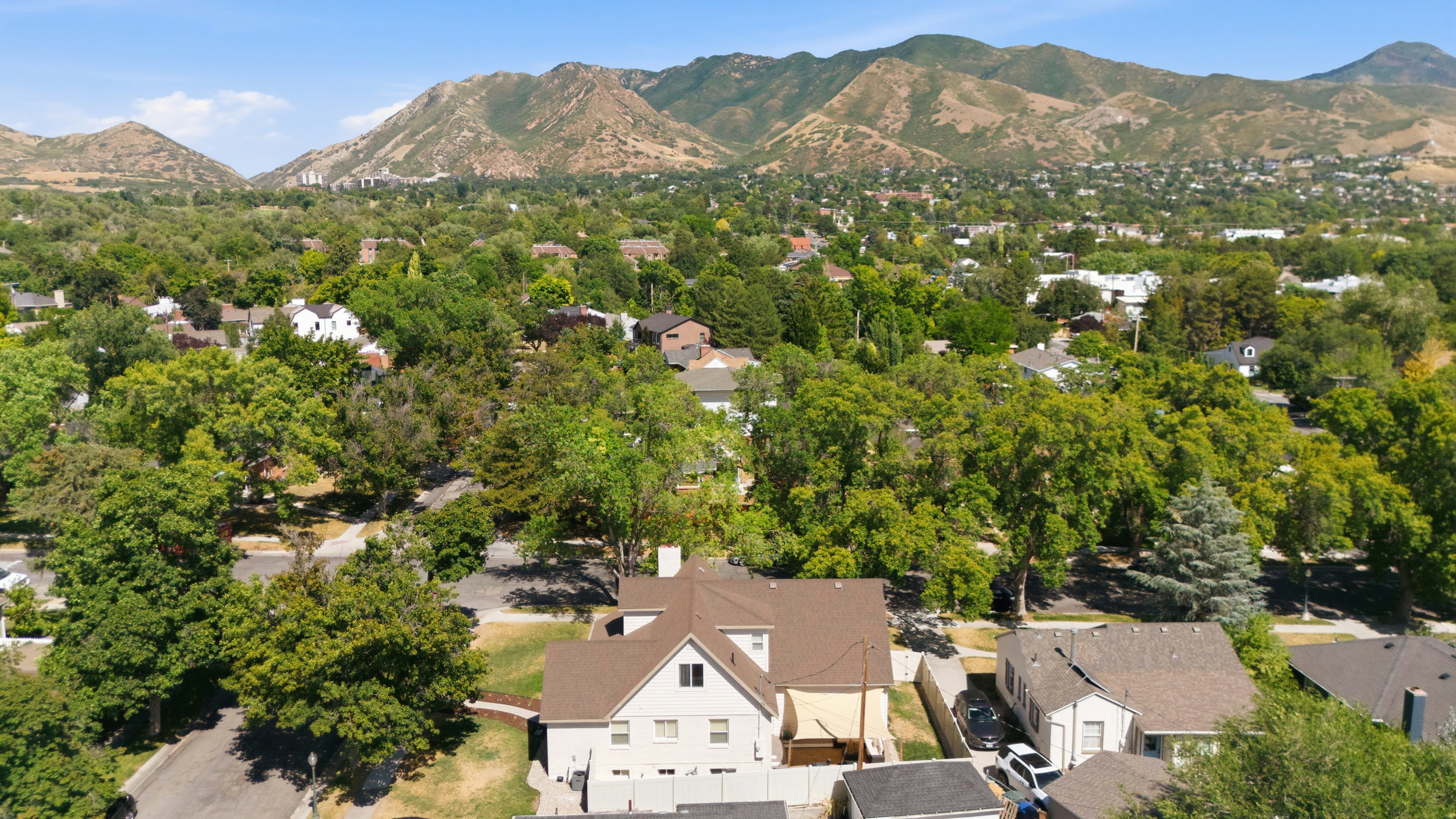 Mountain backdrop framing a residential area with dense tree canopy