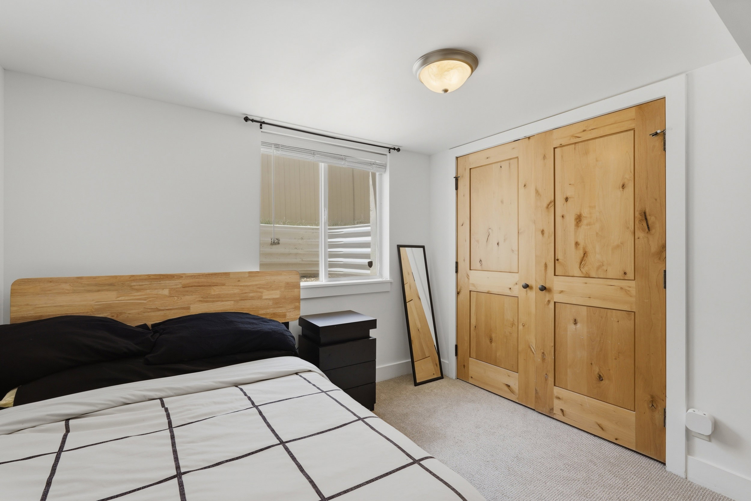Light-filled interior featuring a window with a window well, two-panel wood-finish closet doors, light-colored carpet flooring, and a flush-mount ceiling light fixture