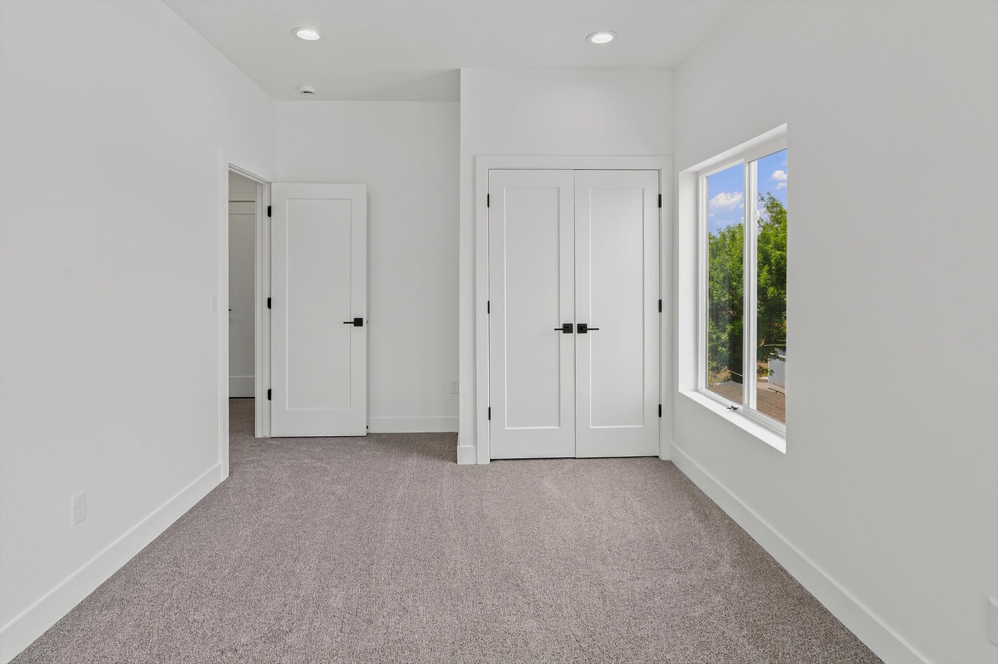 Room featuring soft grey carpeting and bright white walls