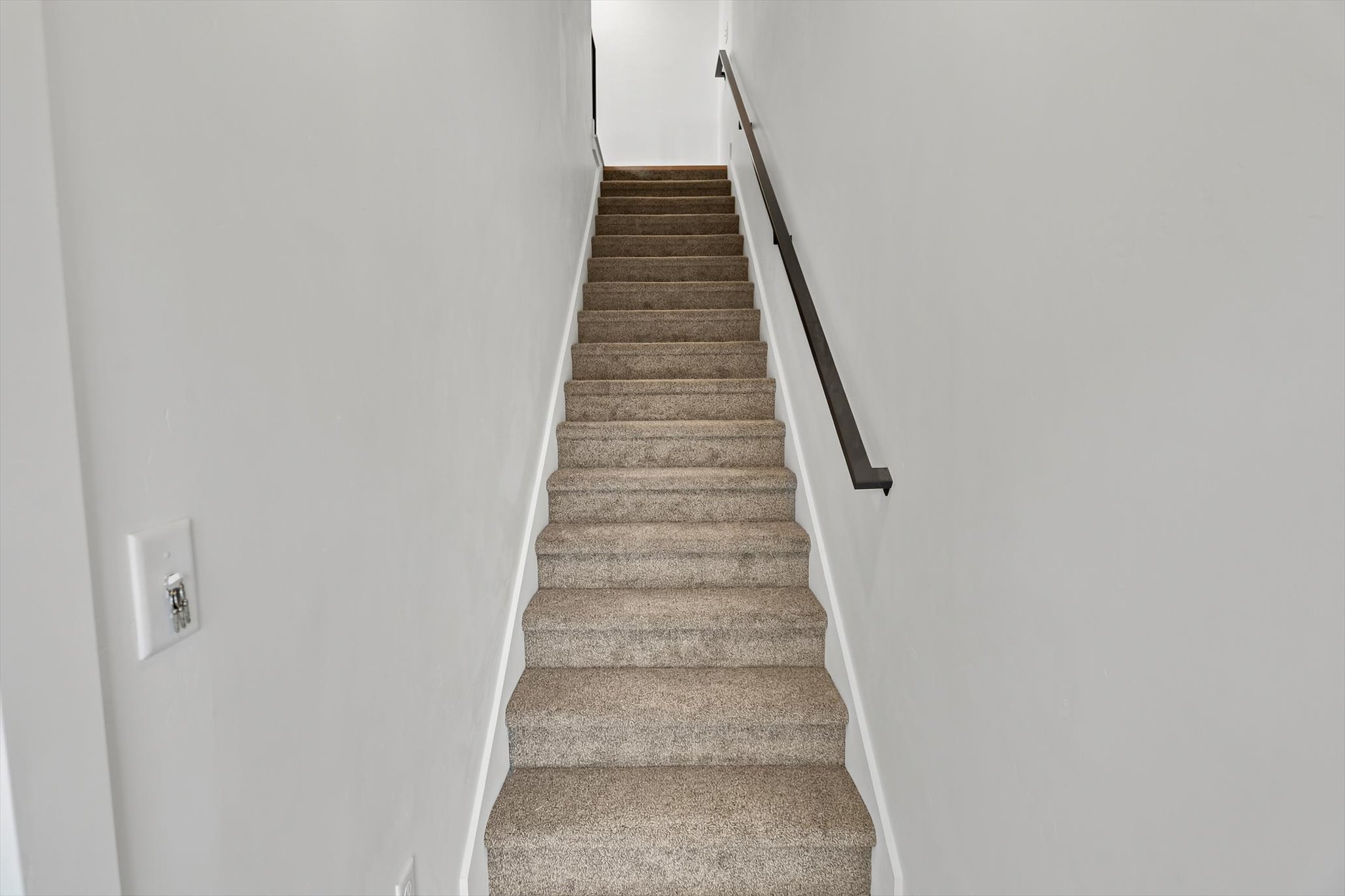 Staircase featuring light-colored carpeting, white baseboards, and a black wall-mounted handrail
