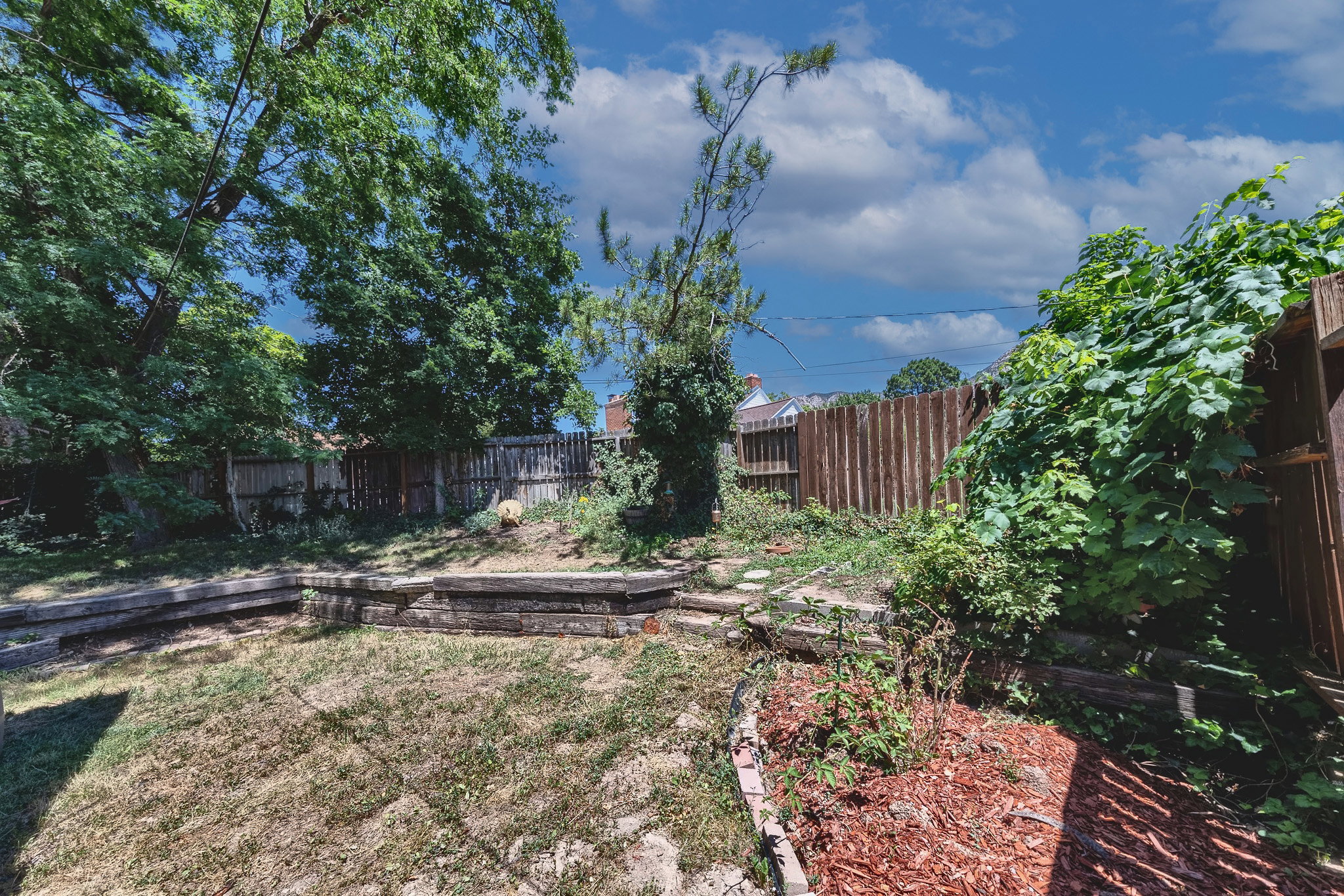 Fenced backyard featuring mature trees, wood retaining walls, and a terraced landscape