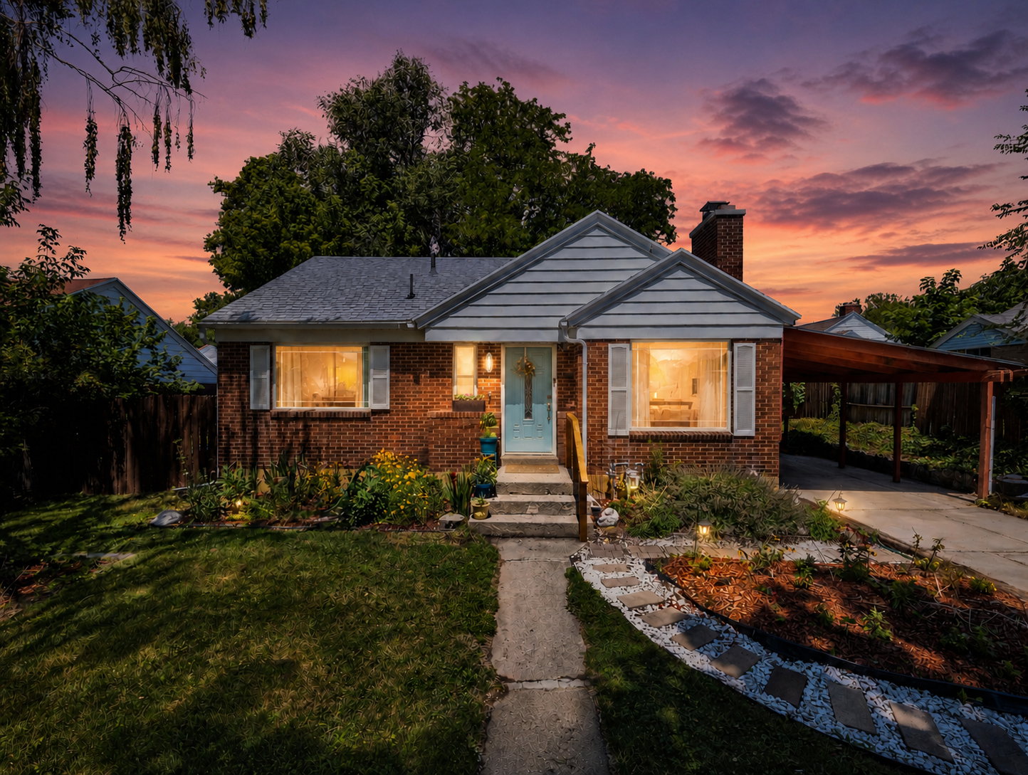 Brick facade home featuring a light blue entry door, white window shutters, a covered carport, and a stone walkway
